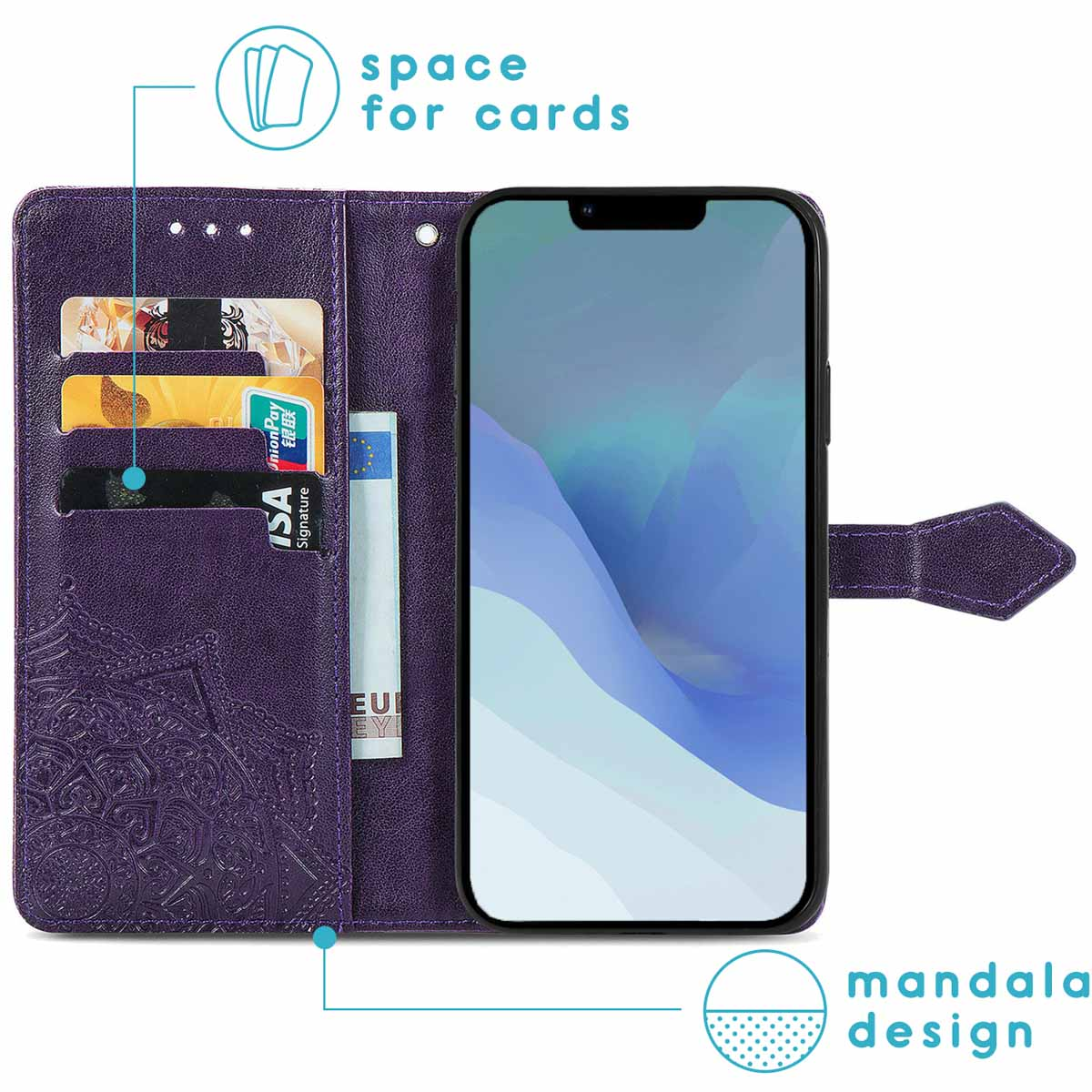 Paarse telefoonportemonnee. Telefoonhoesje met kaarten en een mandala-ontwerp.