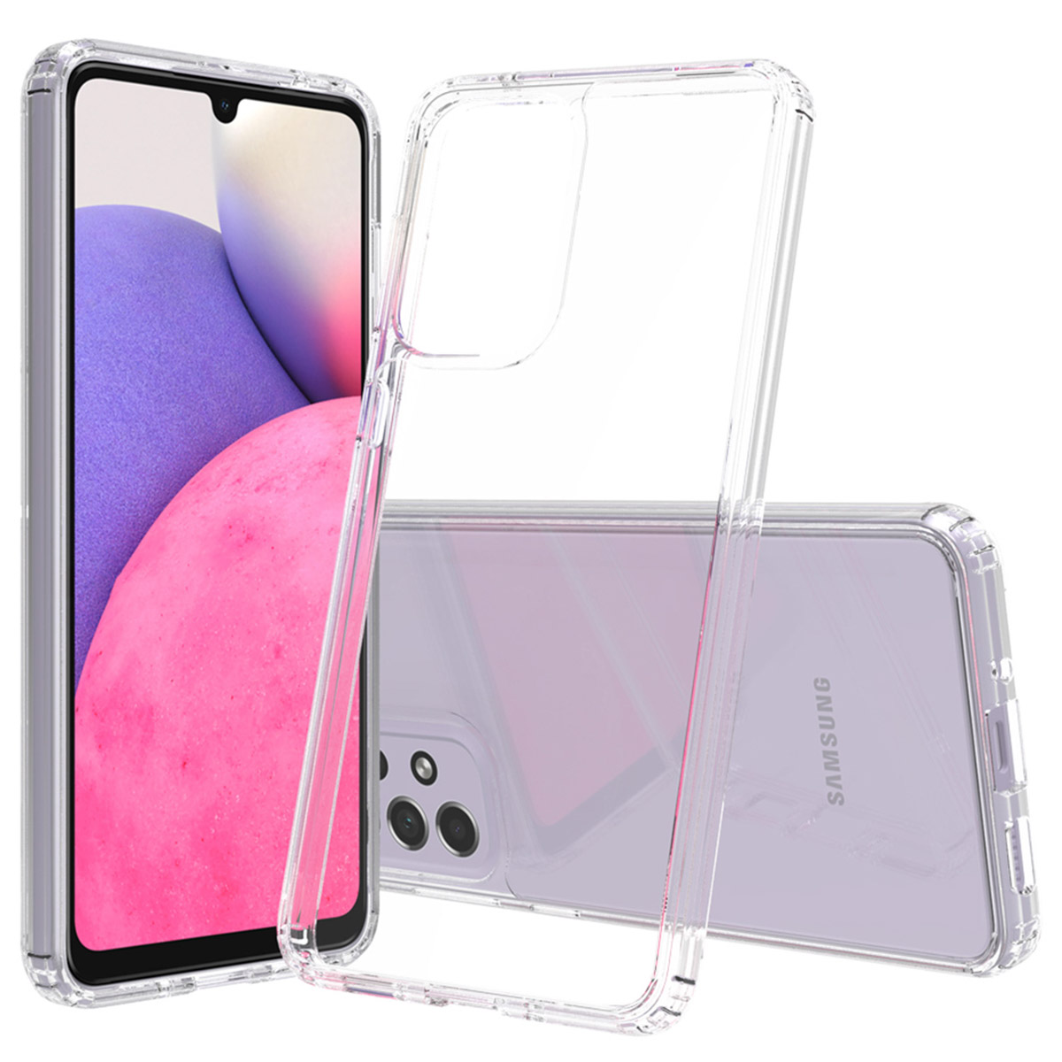 Coque de téléphone transparente avec téléphone à l'intérieur. Téléphone avec un design violet et rose sur l'écran. Coque transparente visible.