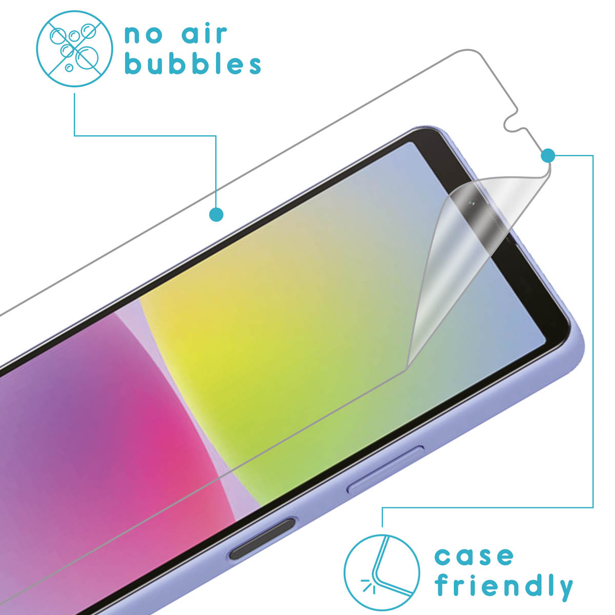 Close-up of a screen protector being applied to a phone. No air bubbles and case friendly.