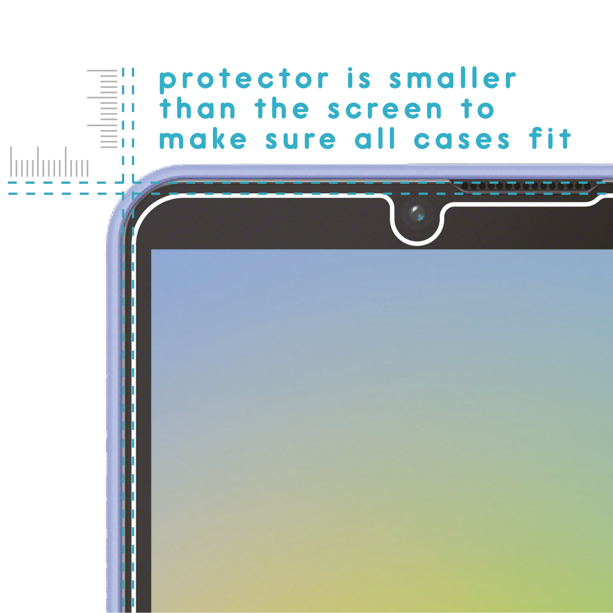 A phone screen protector, smaller than the screen, with a dotted line indicating size and fit.