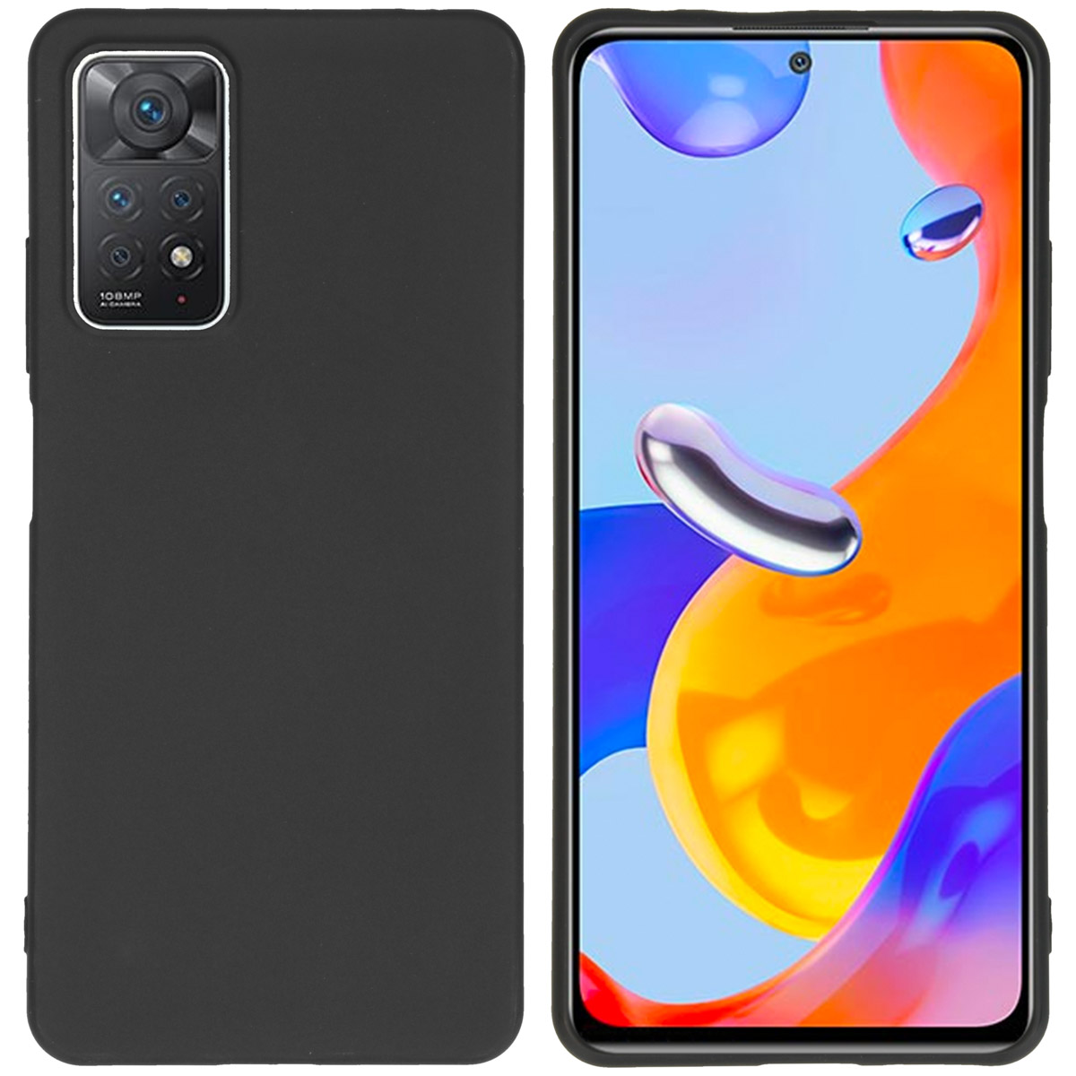 Een zwarte telefoonhoes met een telefoon erin. De telefoon heeft een camera en een oranje achtergrond.