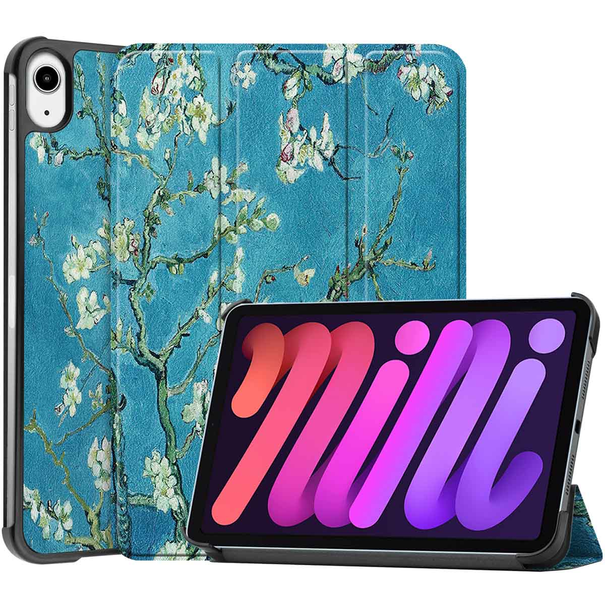 Tablet met een hoesje met een bloemenpatroon, open en toont de tablet. Het scherm zegt 'nini'.