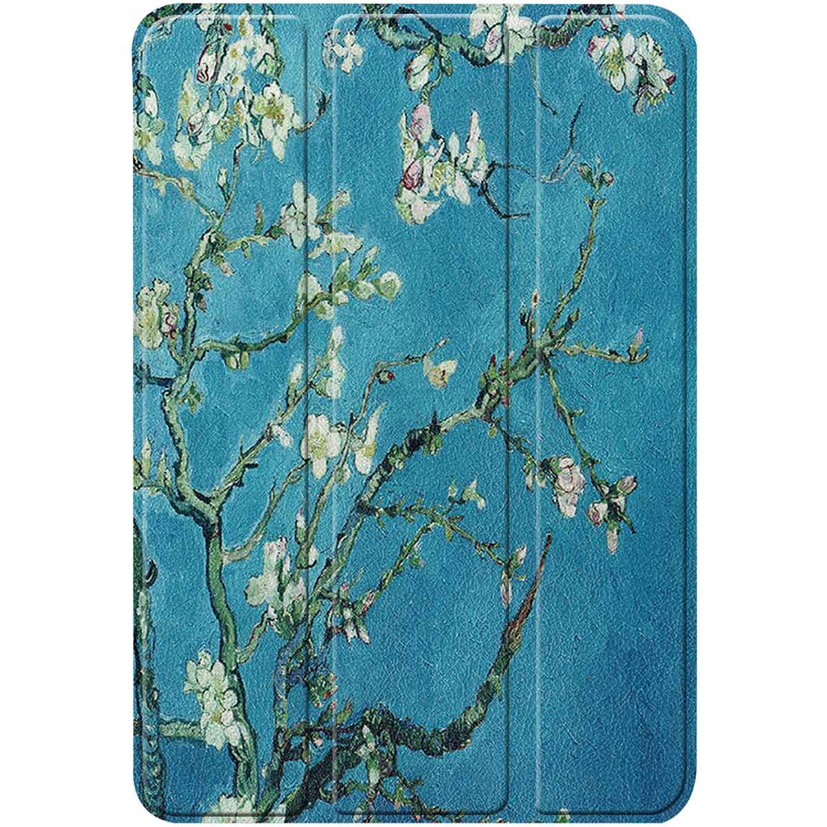 Tablethoesje met een schilderij van een bloeiende amandelboom in blauw en wit.