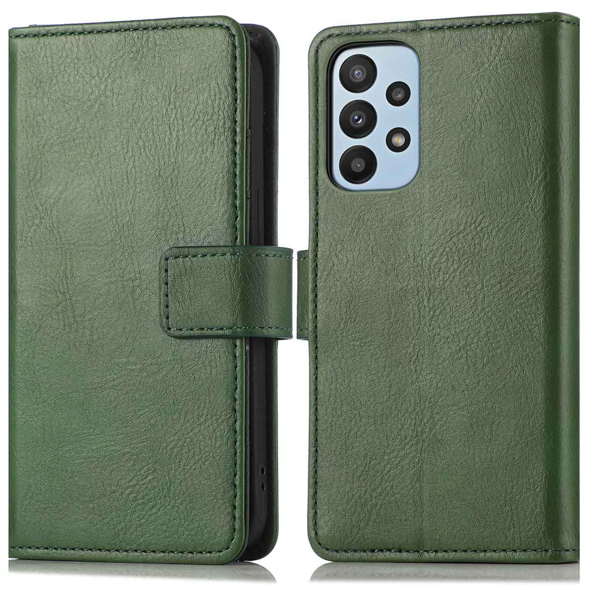 Groene telefoonhoes, open. Telefoon in de hoes. De hoes is groen. De telefoon is rood.