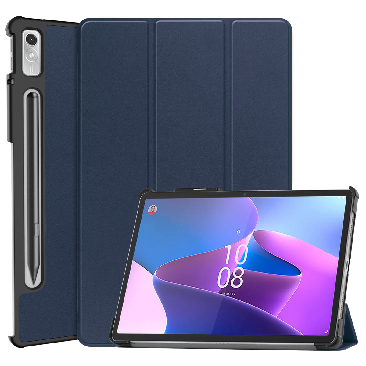Een tablet in een donkerblauwe hoes met een stylus. De tablet is open en toont een scherm.