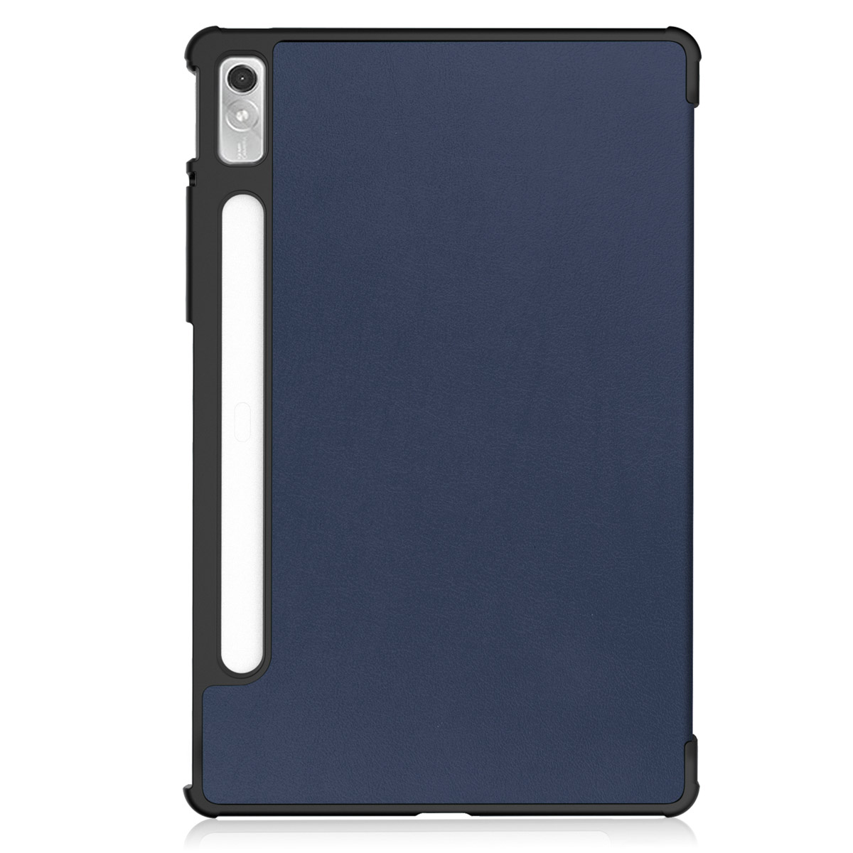 De tablet hoes is donkerblauw. De hoes heeft een zwart frame met een witte pennenhouder.