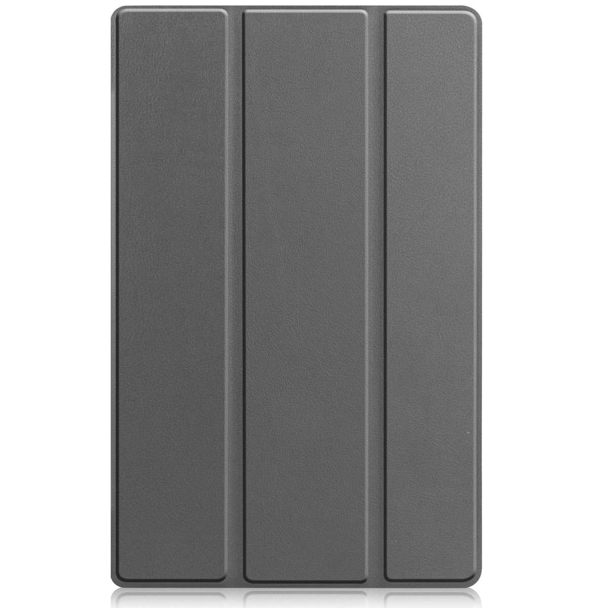 Gray tablet case, closed. The cover is a solid gray color. The case has a simple design.