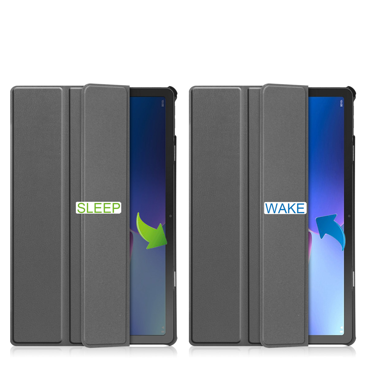 Two tablets in cases. One says 'sleep' and has a green arrow, the other says 'wake' with a blue arrow.