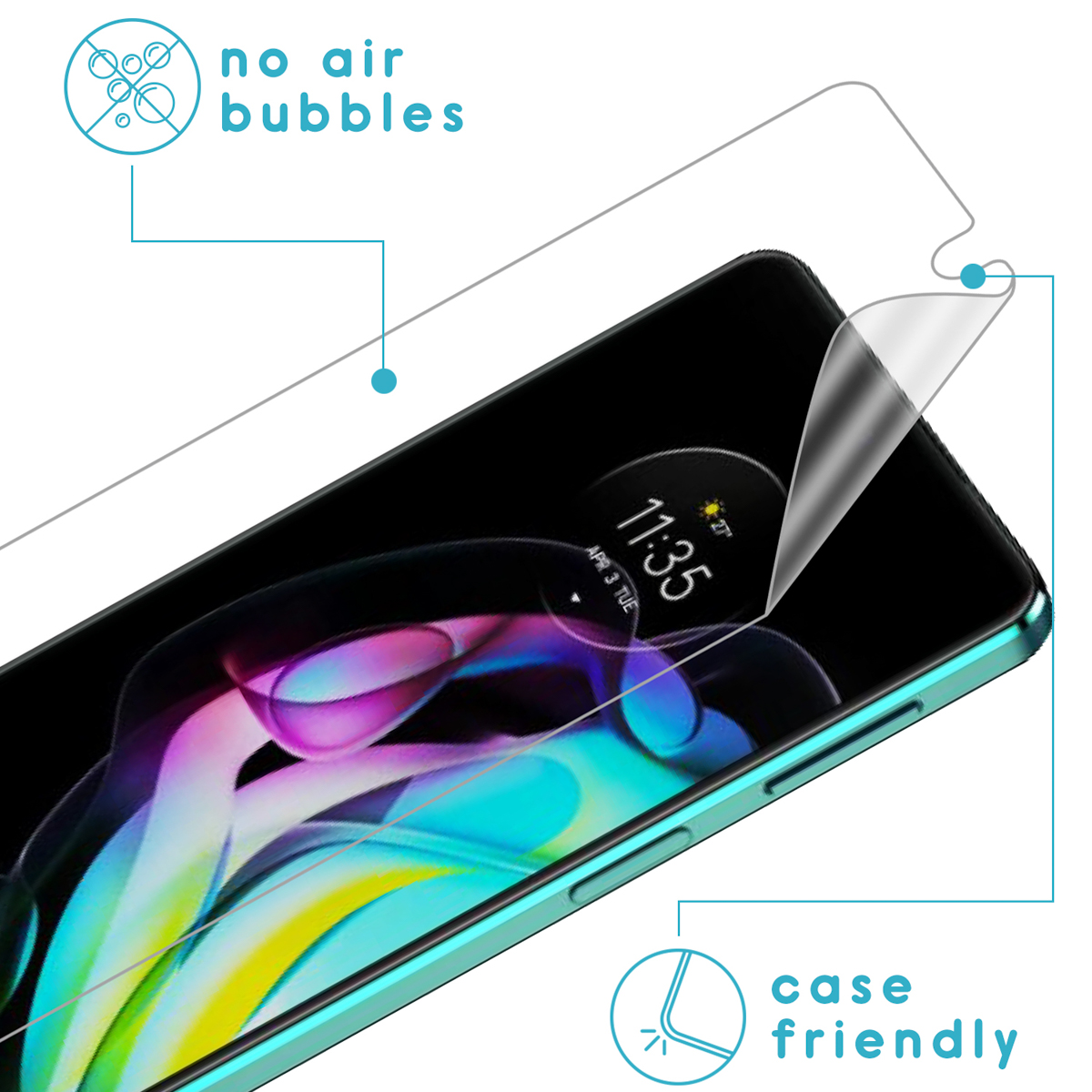 Phone screen with a screen protector being applied. Text says, 'no air bubbles' and 'case friendly'.