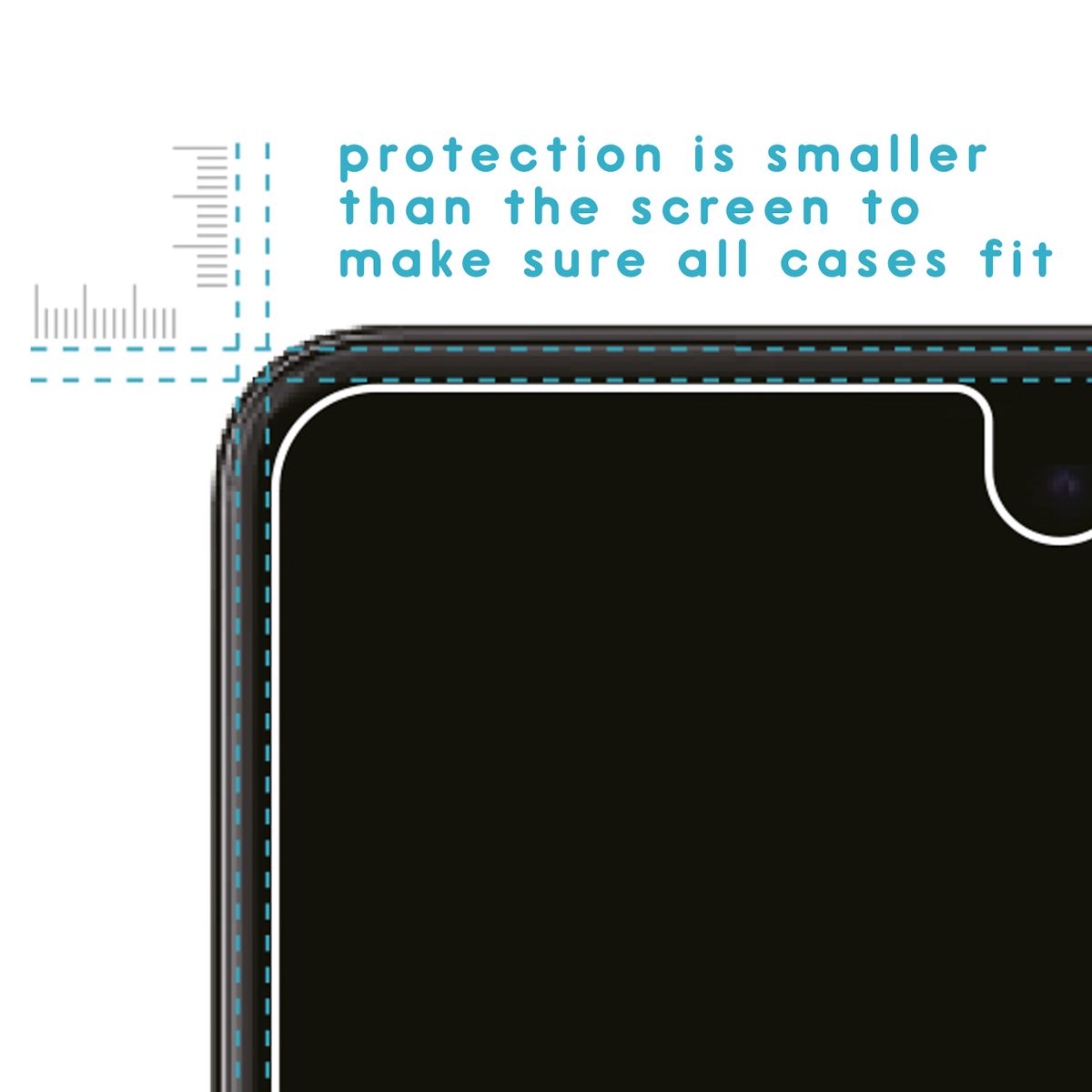 Close up of a screen protector on a phone. Protection is smaller to fit all cases.