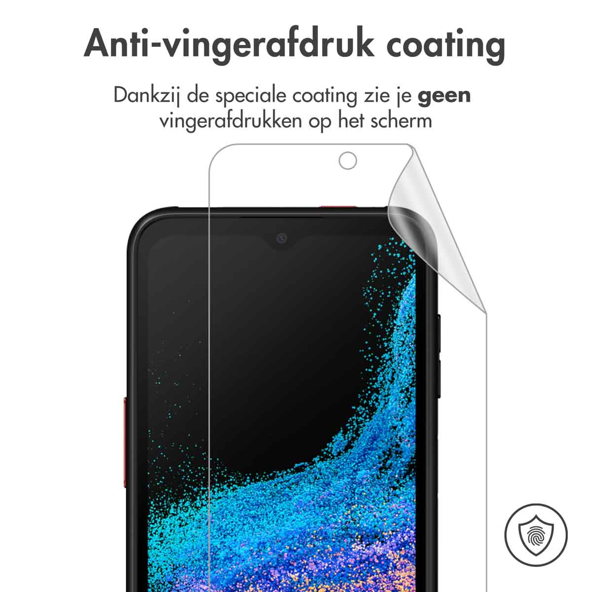 Phone screen being peeled. The screen shows the time. Text says: Anti-fingerprint coating.