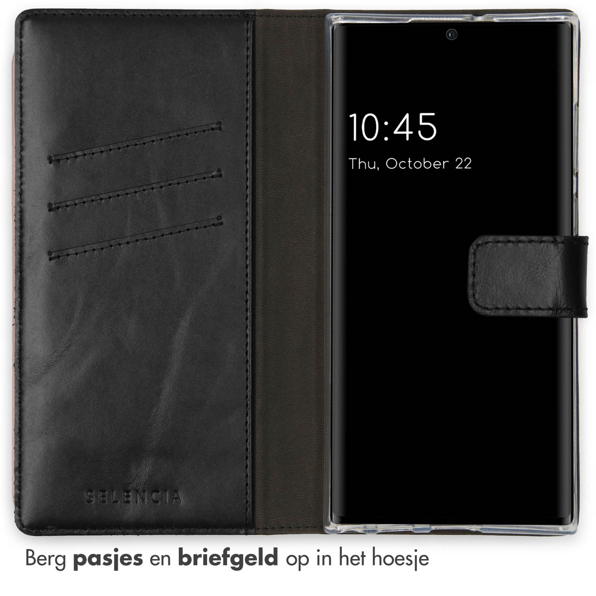 Étui de téléphone noir ouvert. Affiche un téléphone avec l'heure et des fentes pour cartes.