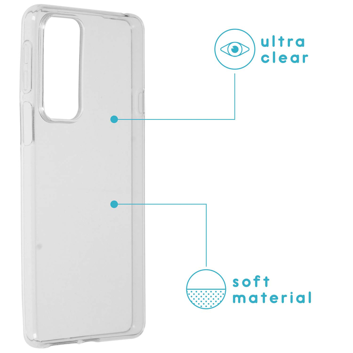 Une coque de téléphone transparente. L'étui a des ouvertures pour la caméra. Texte : Ultra clair, matériau souple.