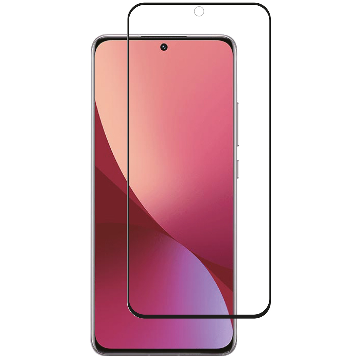 Phone with screen protector. The screen shows a pink and red gradient. The protector is clear.