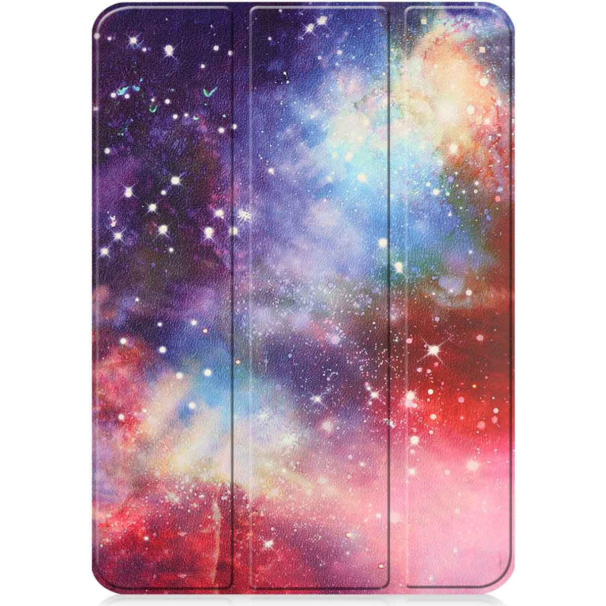 Housse de tablette avec un design de galaxie coloré. Le design a des nuances de violet, de rouge et de blanc.