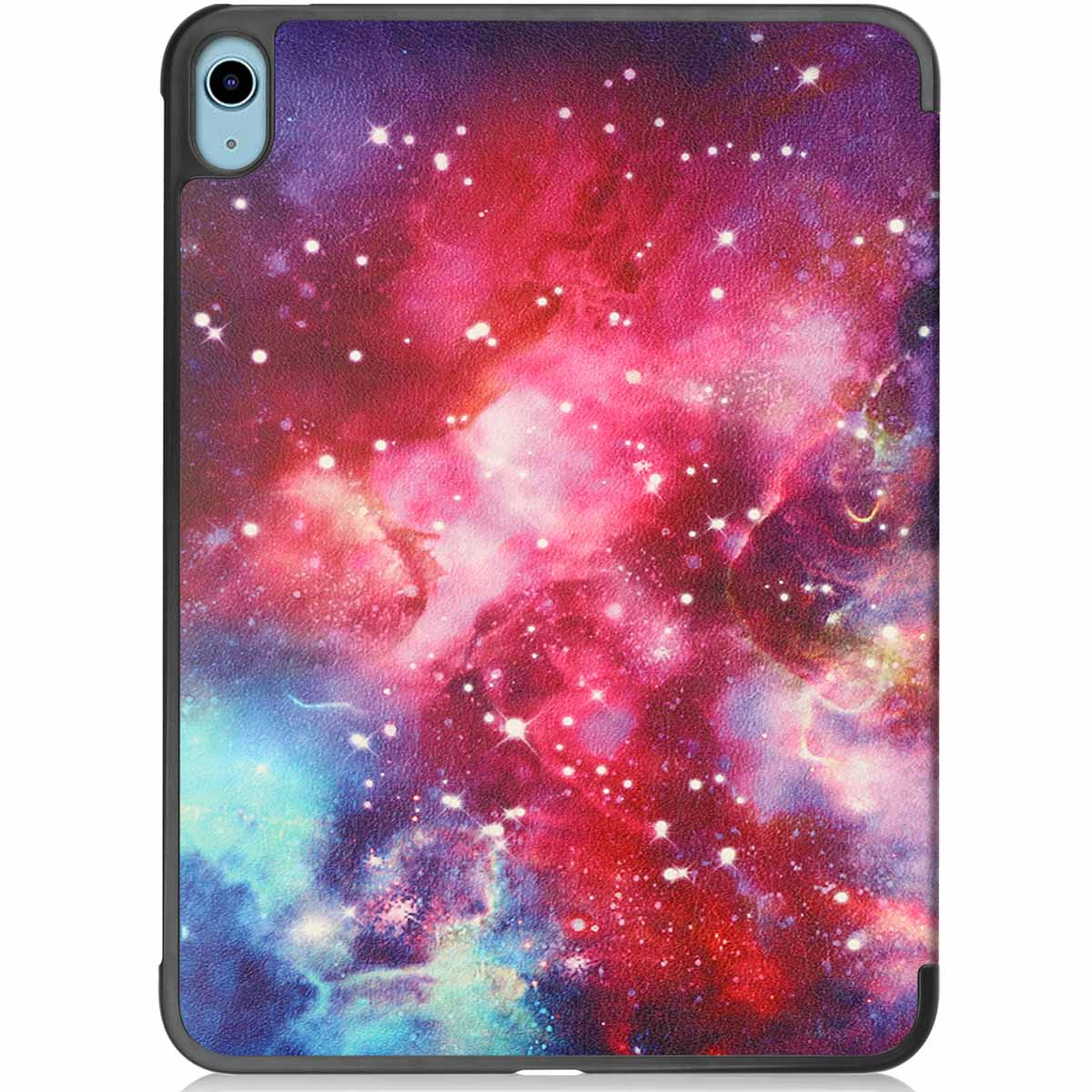 Étui pour iPad, design galaxie. Tablette à l'intérieur. Bords noirs. Tourbillons roses, rouges et bleus.