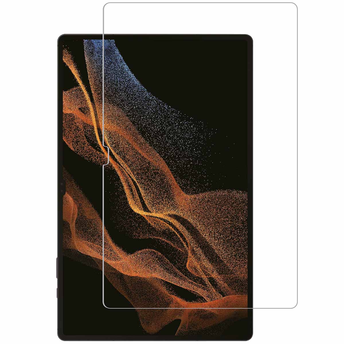 Screen protector on a phone. Phone with orange and black design in the background. Black border.