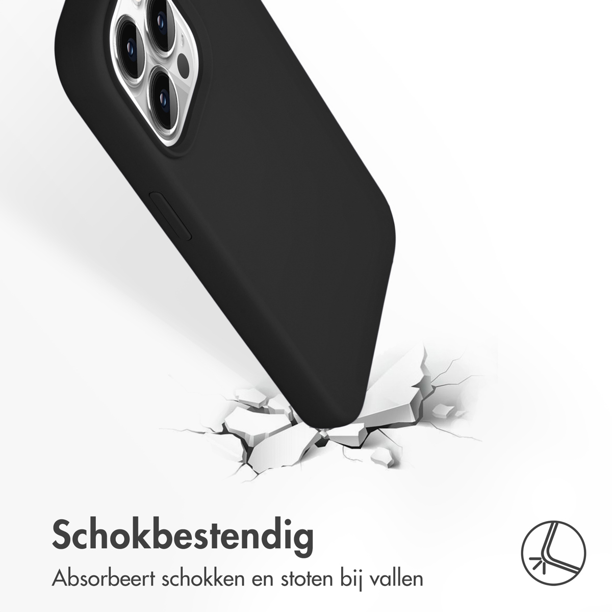 Zwarte telefoonhoes. De hoes ligt op een oppervlak dat in stukken breekt.