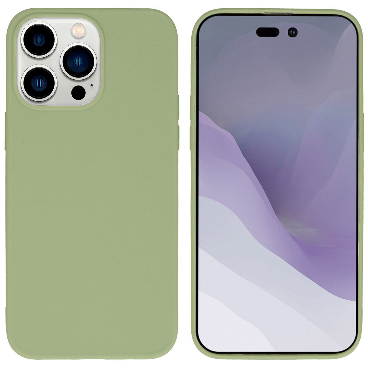 Een telefoon en een groene telefoonhoes. De telefoon toont een paars ontwerp op het scherm.