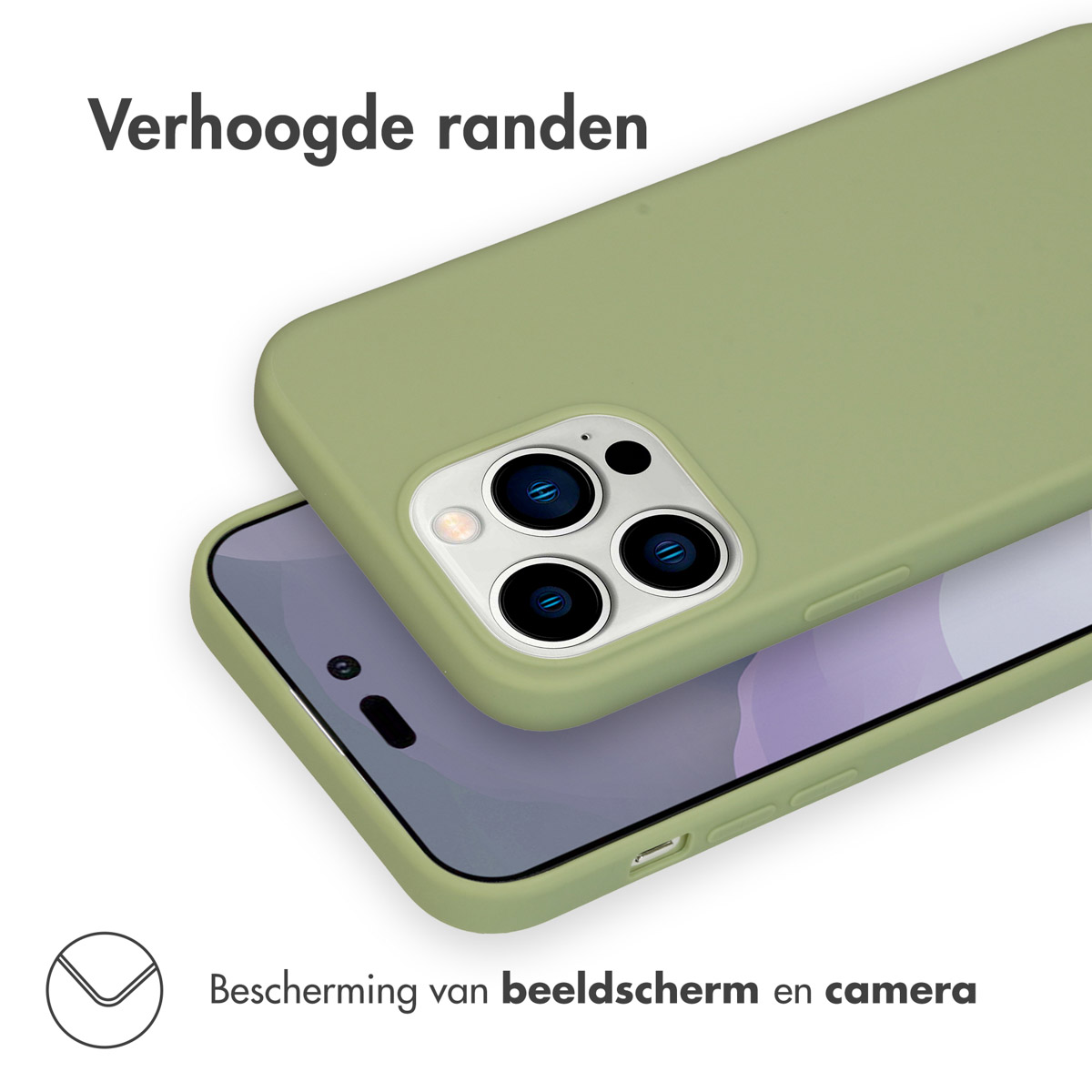 Twee groene telefoonhoesjes, de ene bovenop de andere, met een uitsparing voor de camera. Tekst: Verhoogde randen. Bescherming.