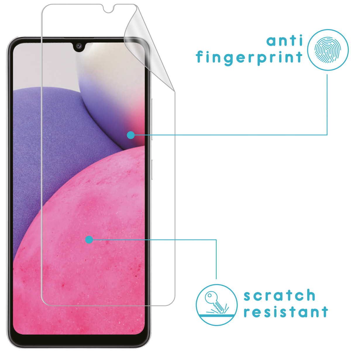 Screen protector on phone. Anti-fingerprint and scratch-resistant features are highlighted.