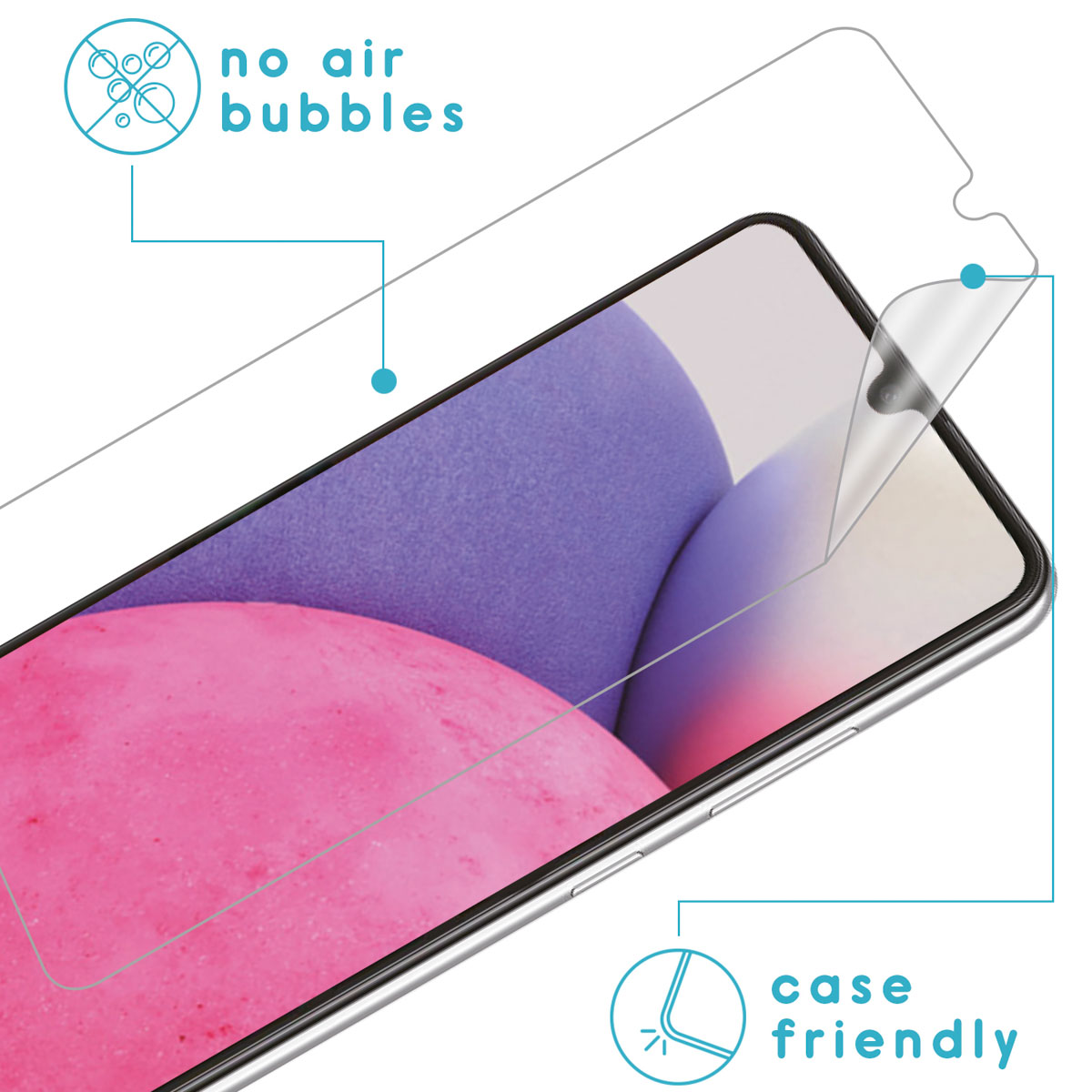 Close-up of a screen protector being applied to a phone. Shows no air bubbles and case friendly.