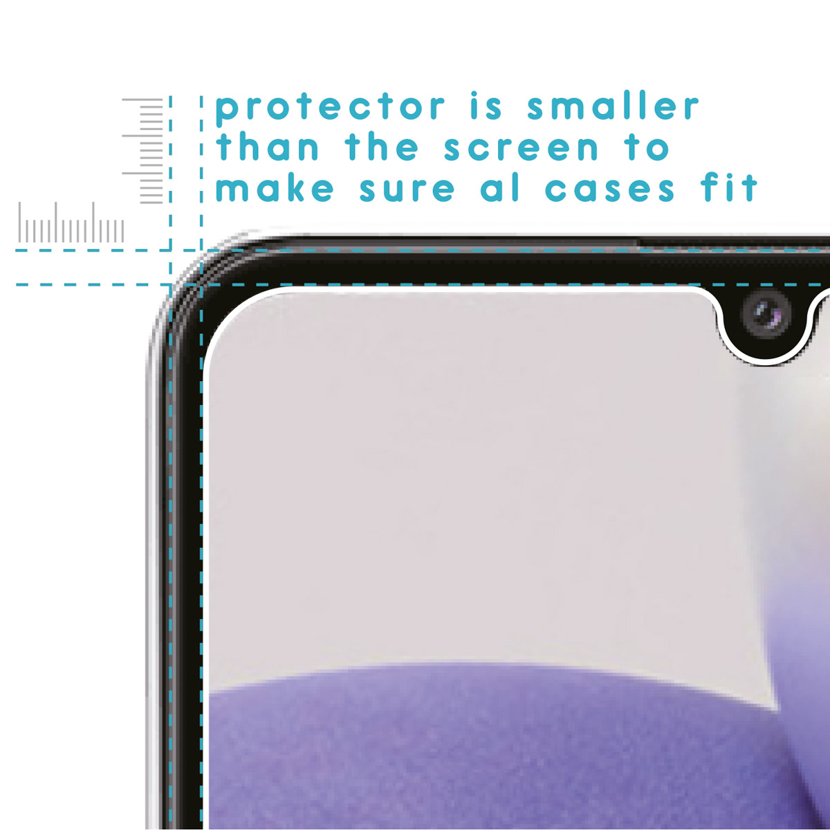 Phone screen protector. White lines indicate the size difference between the screen and protector.