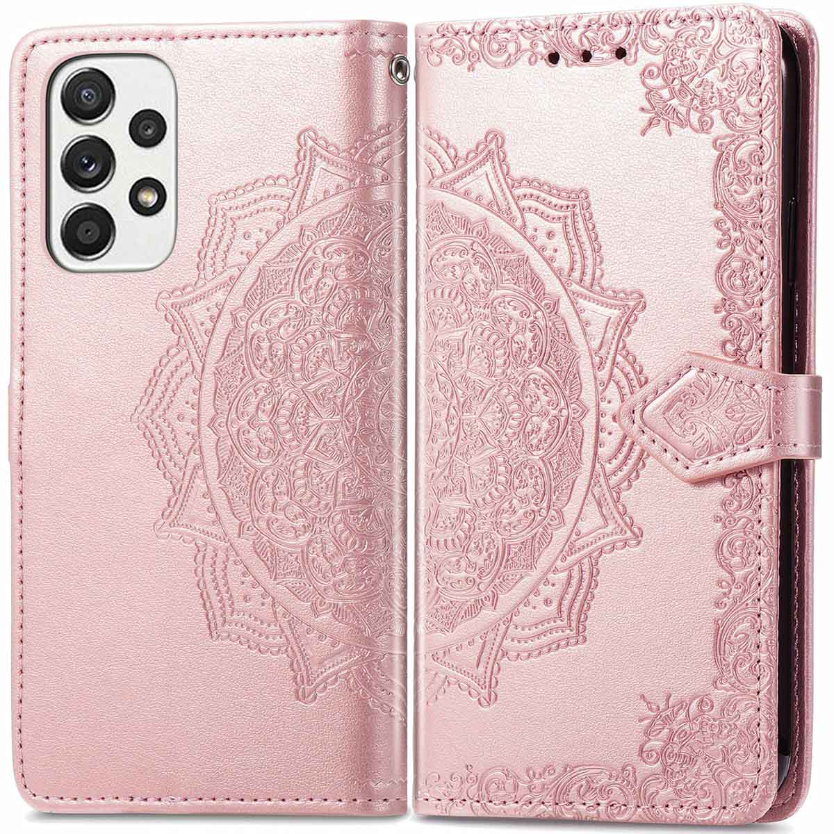 Roze telefoonhoes, open. Sierlijk mandala-ontwerp links. Camera en knoppen zichtbaar.