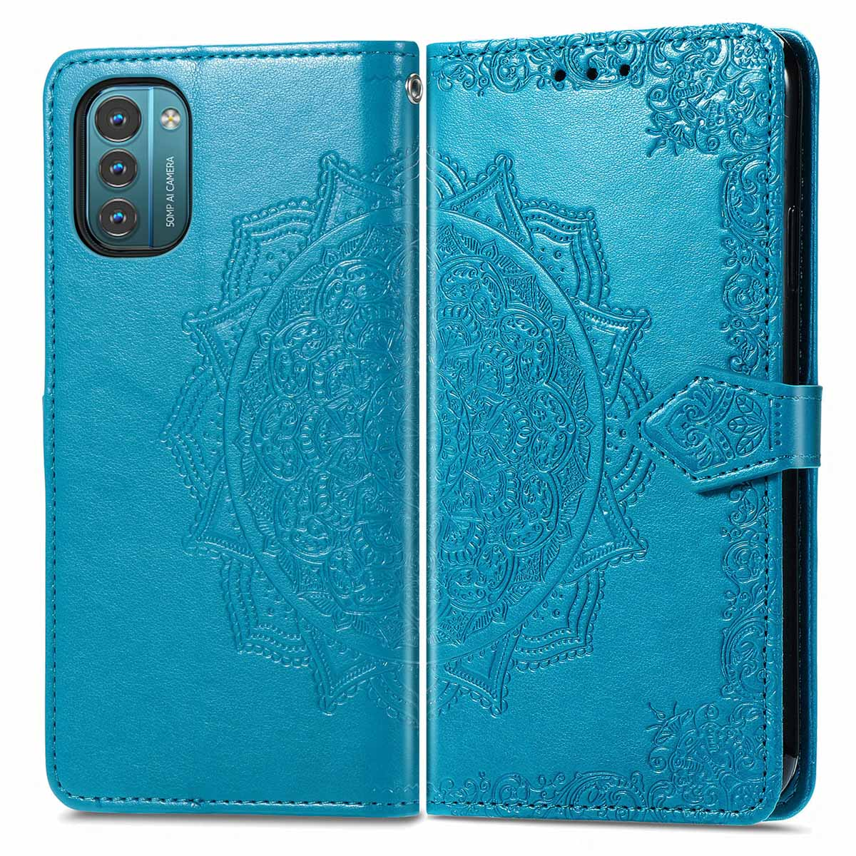 Étui de téléphone bleu. Motif mandala détaillé sur la couverture avant. Téléphone à droite.