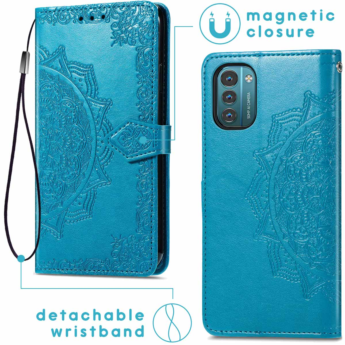 Coque de téléphone bleue avec un motif floral et une dragonne amovible. La coque a une fermeture magnétique.