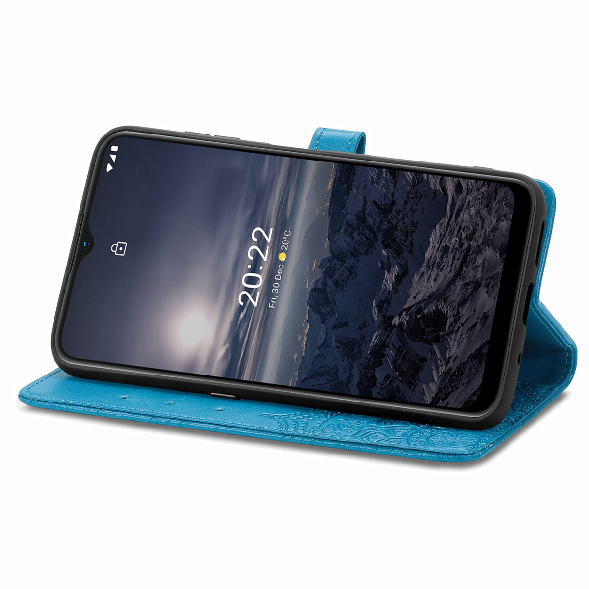 Téléphone dans un étui en cuir bleu, ouvert. L'écran affiche l'heure et la date.