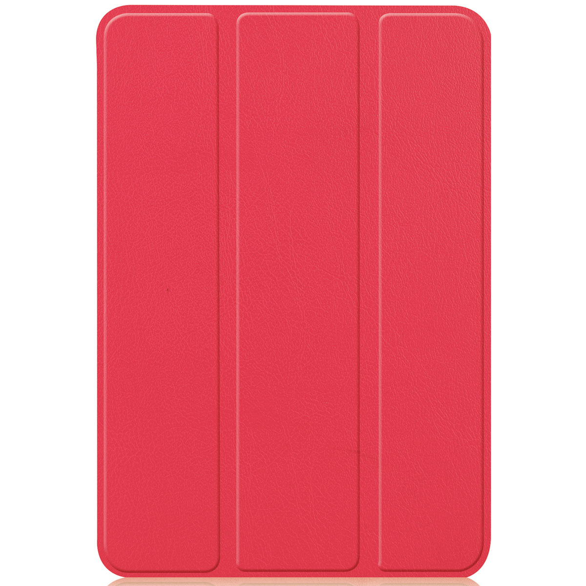 Red tablet case, closed. The case has a smooth, textured surface and a three-panel design.