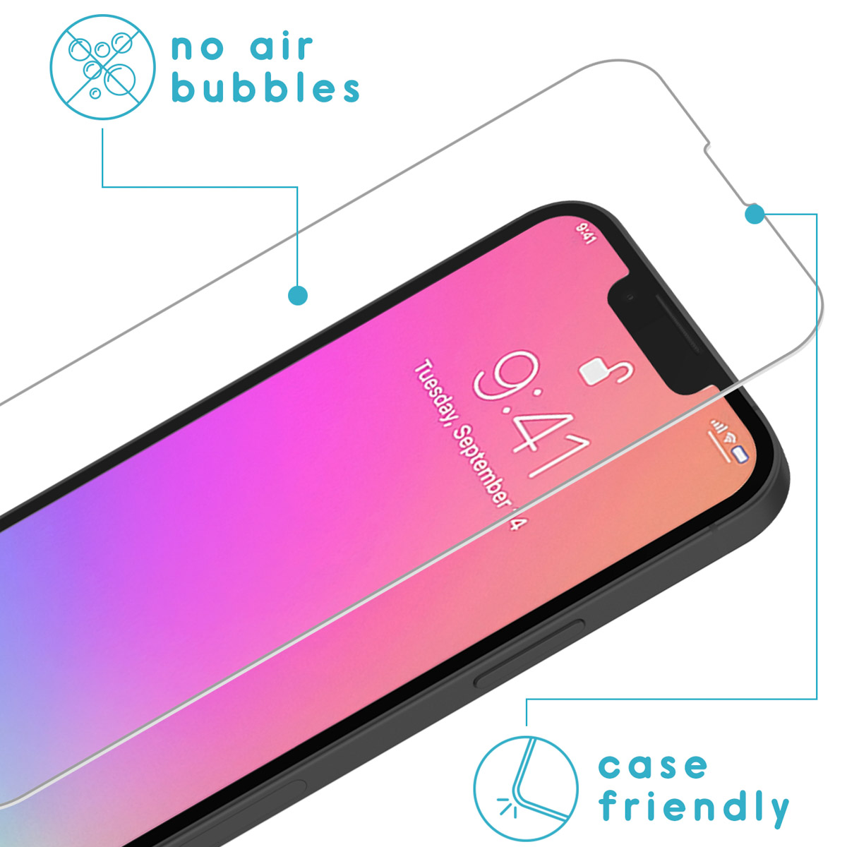 Phone screen protector with no air bubbles. A phone with a colorful screen is below the protector.