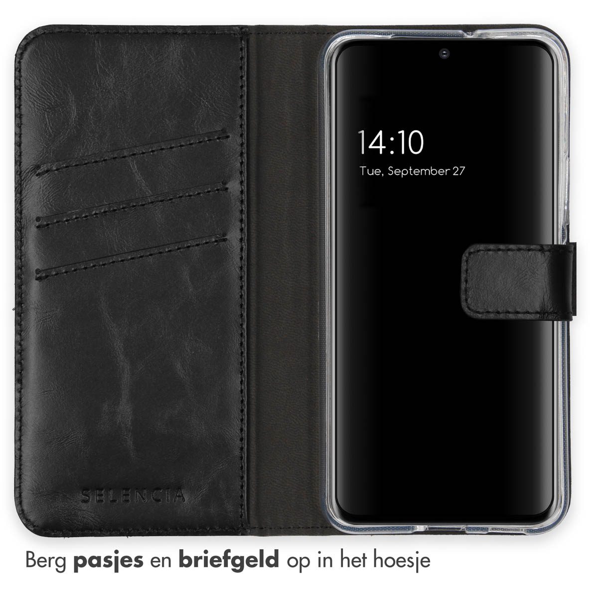 Zwarte leren telefoonhoes open, met telefoon met tijd. Heeft ook kaartsleuven.