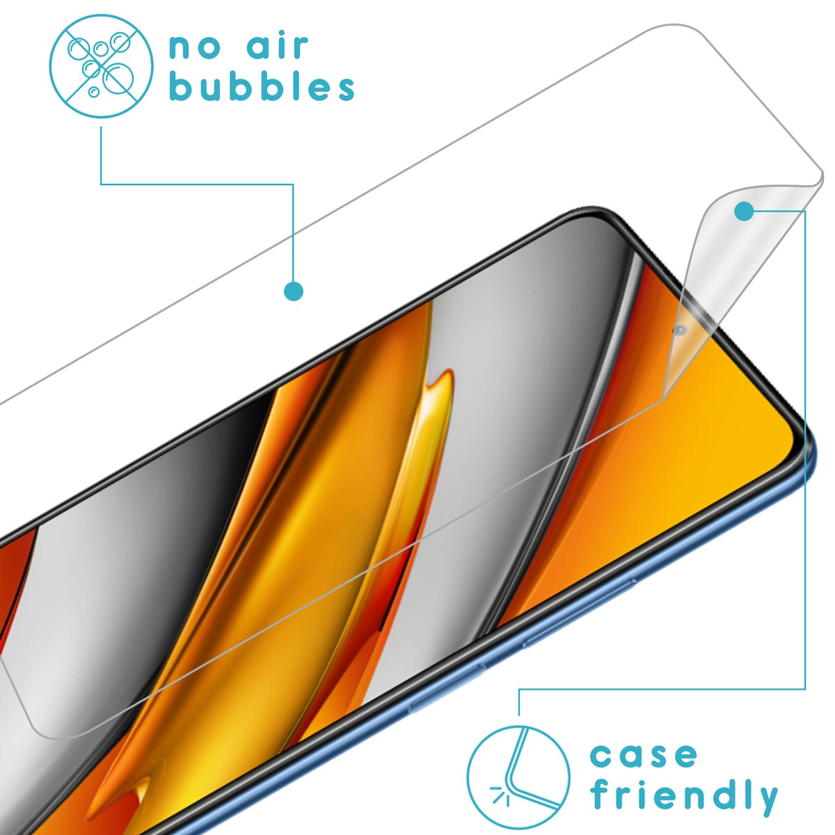 A phone with a screen protector applied. Text indicates no air bubbles and case friendly.