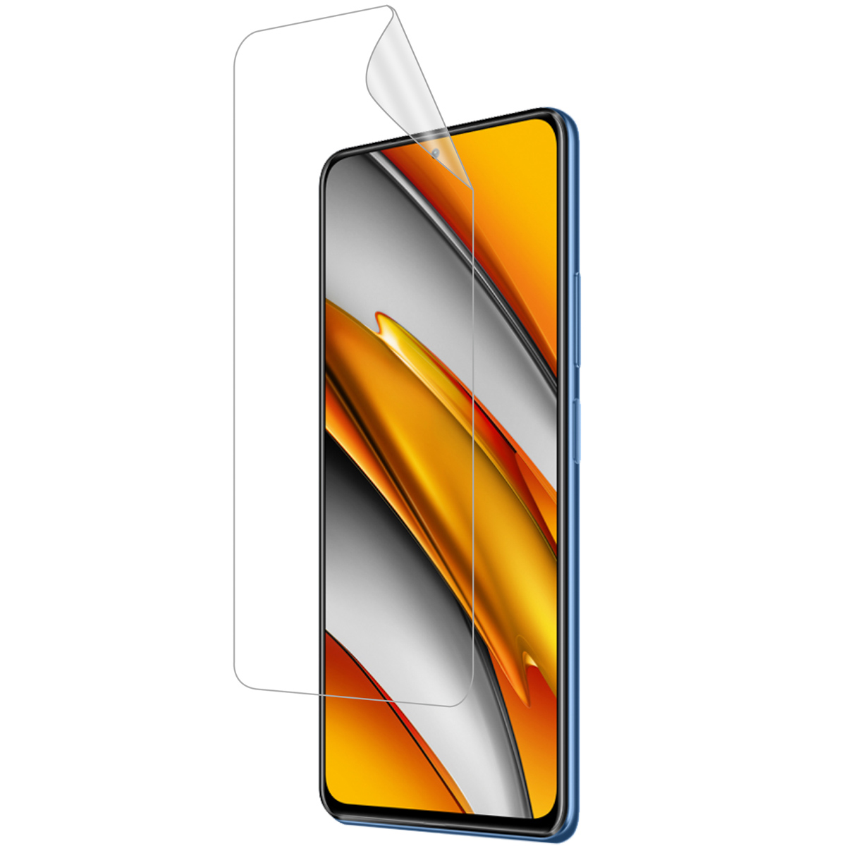 Phone with a screen protector being applied. The phone has a blue frame.