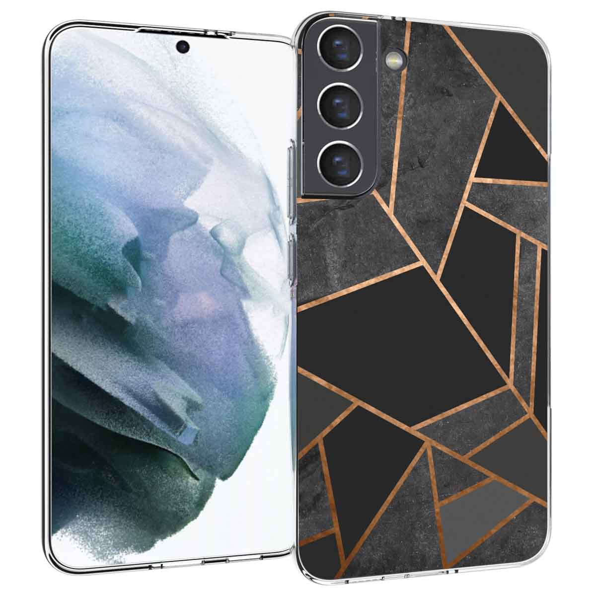 Telefono con custodia marmorizzata. La custodia ha forme geometriche nere, rame e grigie.