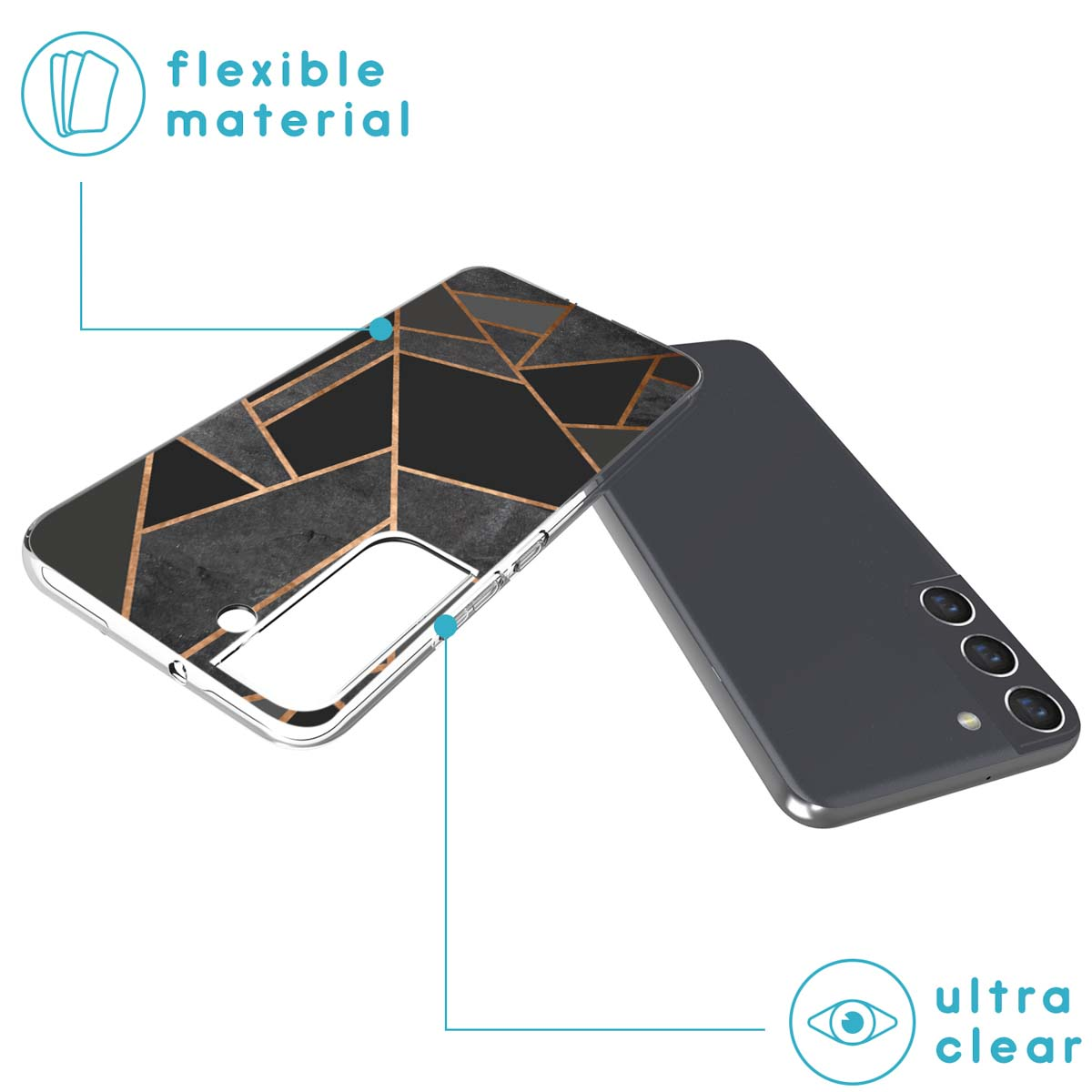 Una custodia per telefono con un design geometrico è accanto a un telefono. La custodia è nera e oro, e il telefono è grigio.