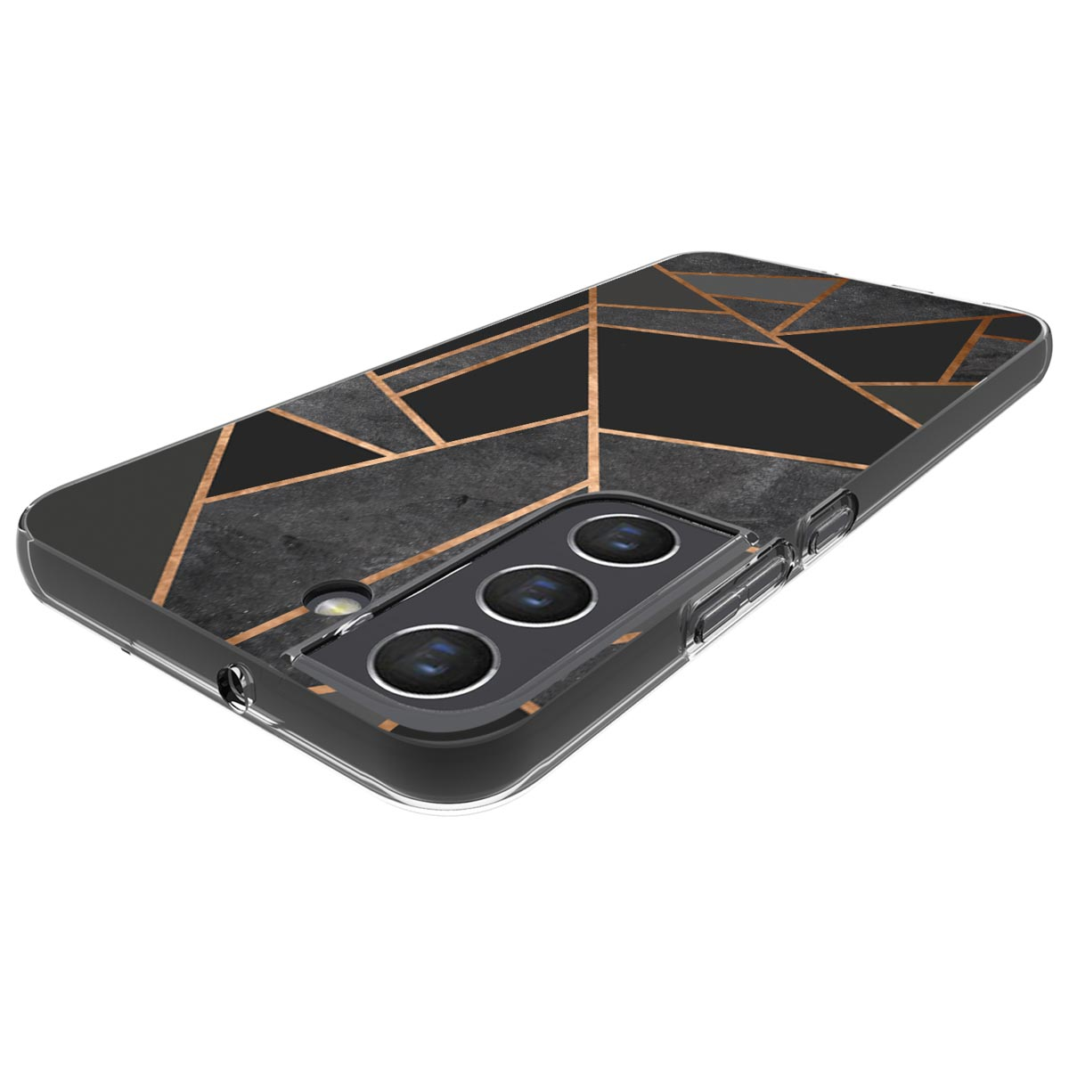 Una custodia per telefono con un design geometrico. Ha forme nere con linee dorate. L'area della fotocamera ha tre lenti.