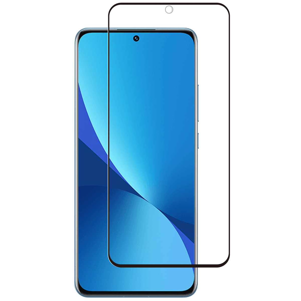A phone with a blue screen and a screen protector. The protector covers the whole screen.