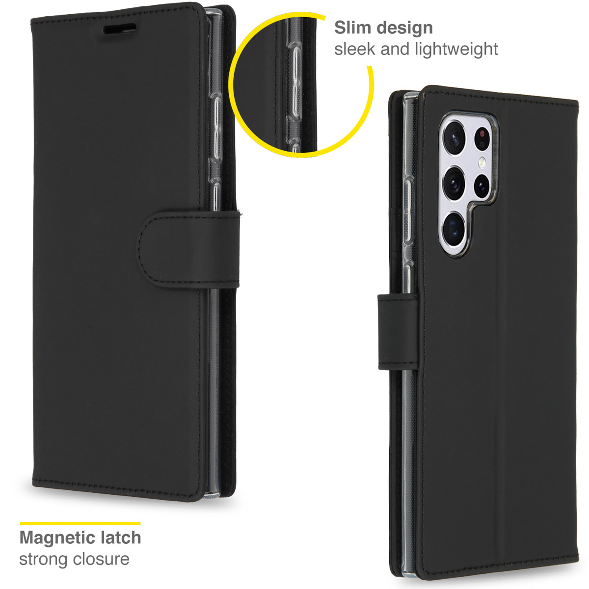 Coque de téléphone noire, fermée et ouverte. Fermeture magnétique et design fin. Téléphone visible à l'intérieur.