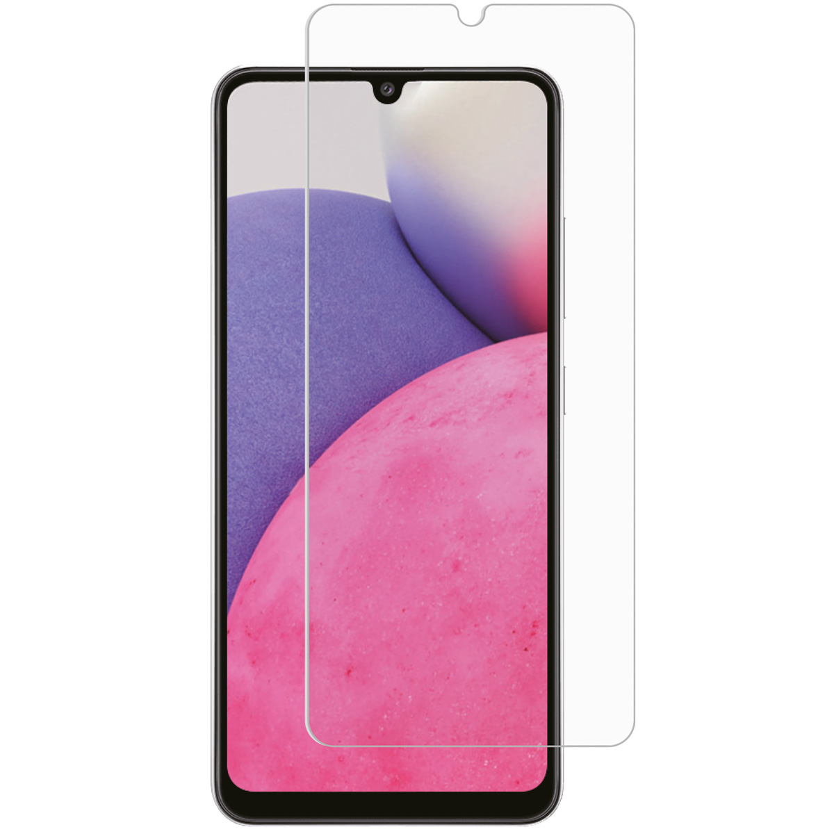 Smartphone with screen protector applied. Purple and pink background on the screen.