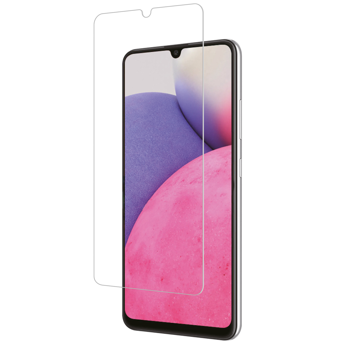 A phone screen and a screen protector are displayed. The phone screen has a pink and white background.