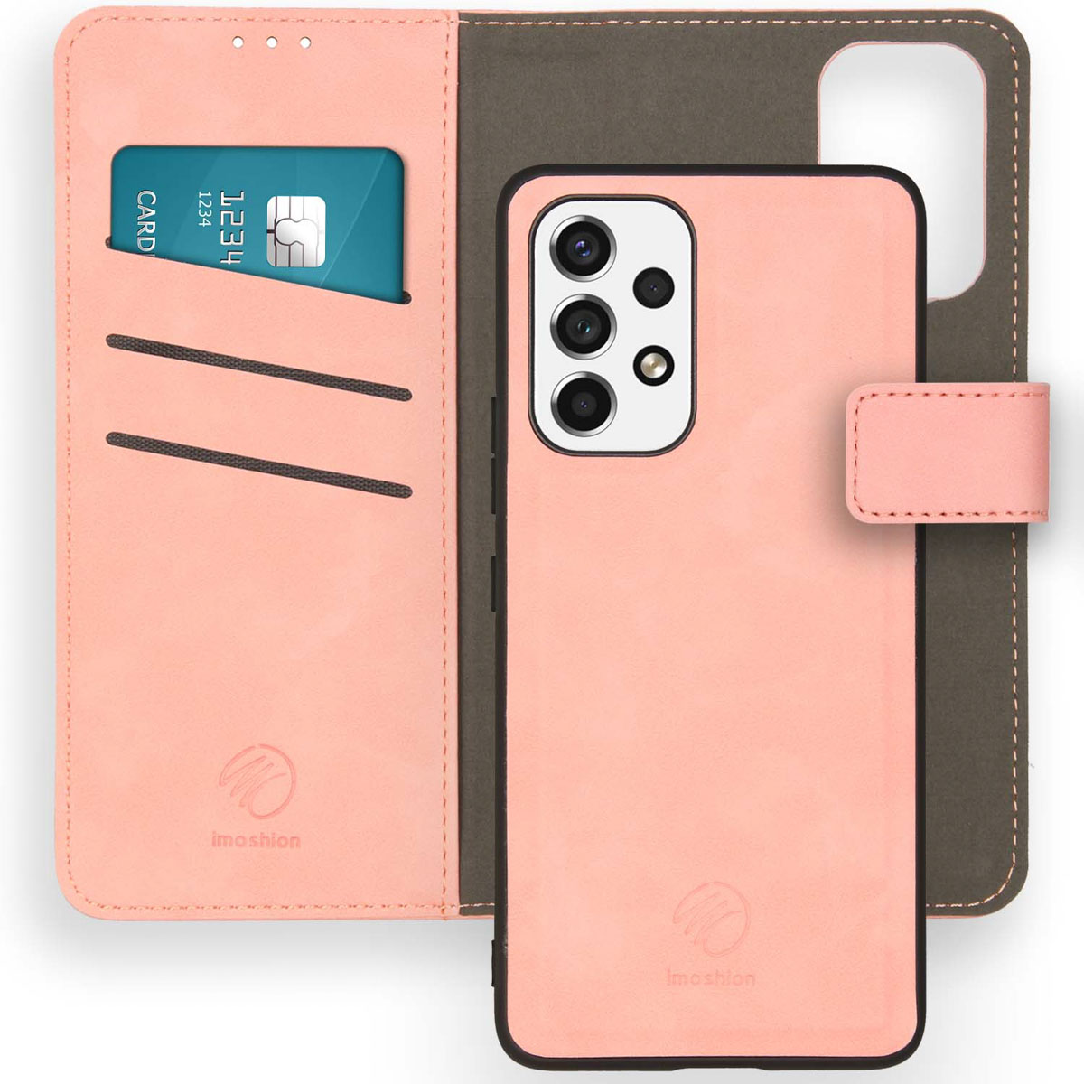 Roze telefoonhoes met creditcardvak, open. Een kaart zit erin. Camera-uitsparing.