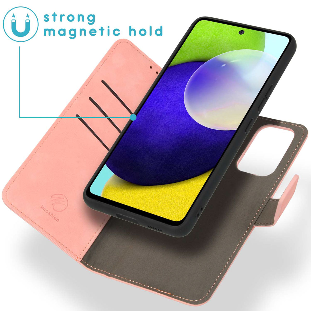 Roze telefoonhoesje met telefoon. De case heeft een sterke magnetische sluiting en ruimte voor kaarten.
