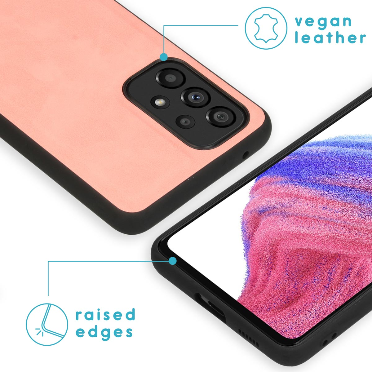 Telefoonhoes met opstaande randen. Tekst: Vegan leer. Close-up van de camera en knoppen.