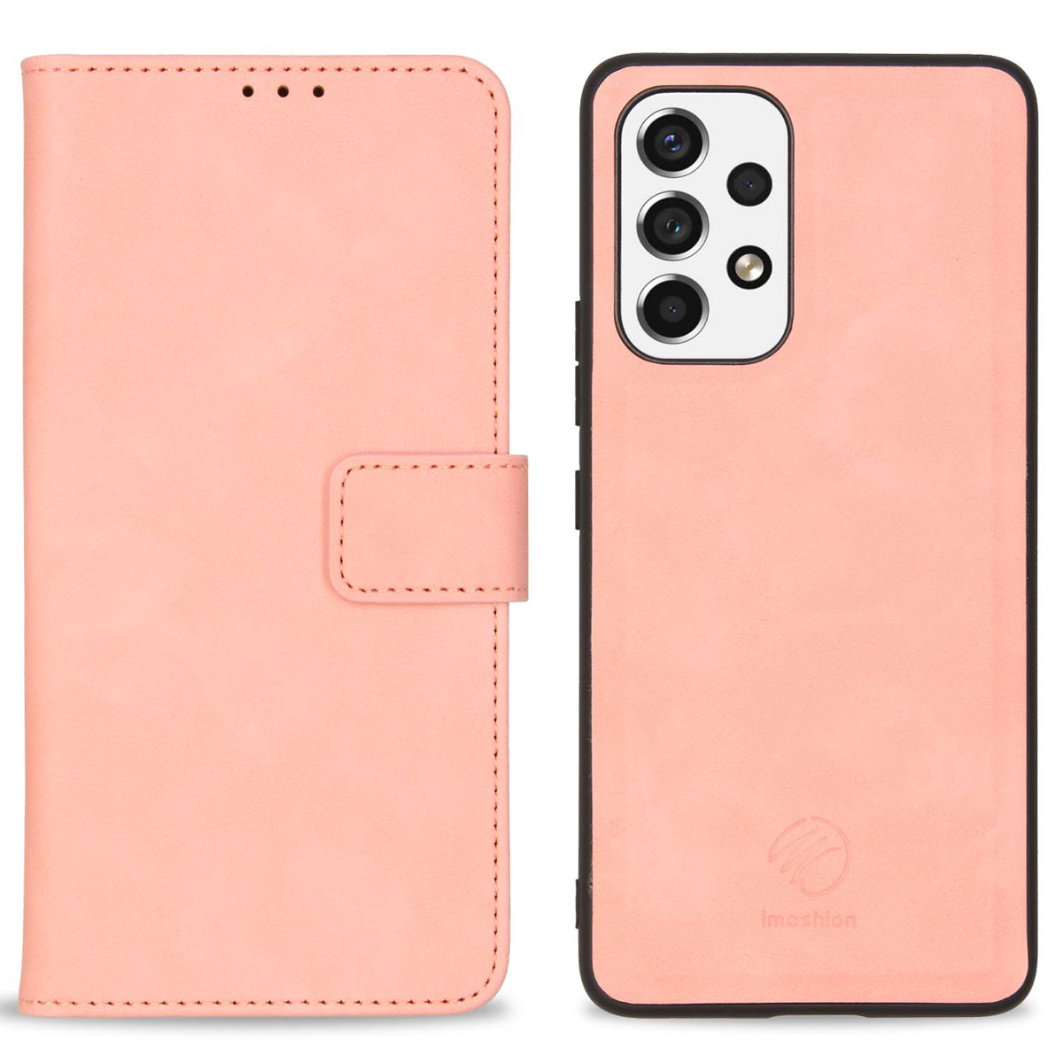 Roze telefoonhoesje, portemonnee-stijl. De hoes is open en onthult de achterkant van de telefoon.