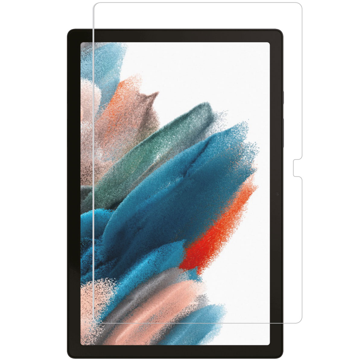 Un tablet con una protezione per lo schermo applicata. Visualizzazione di un design astratto colorato.