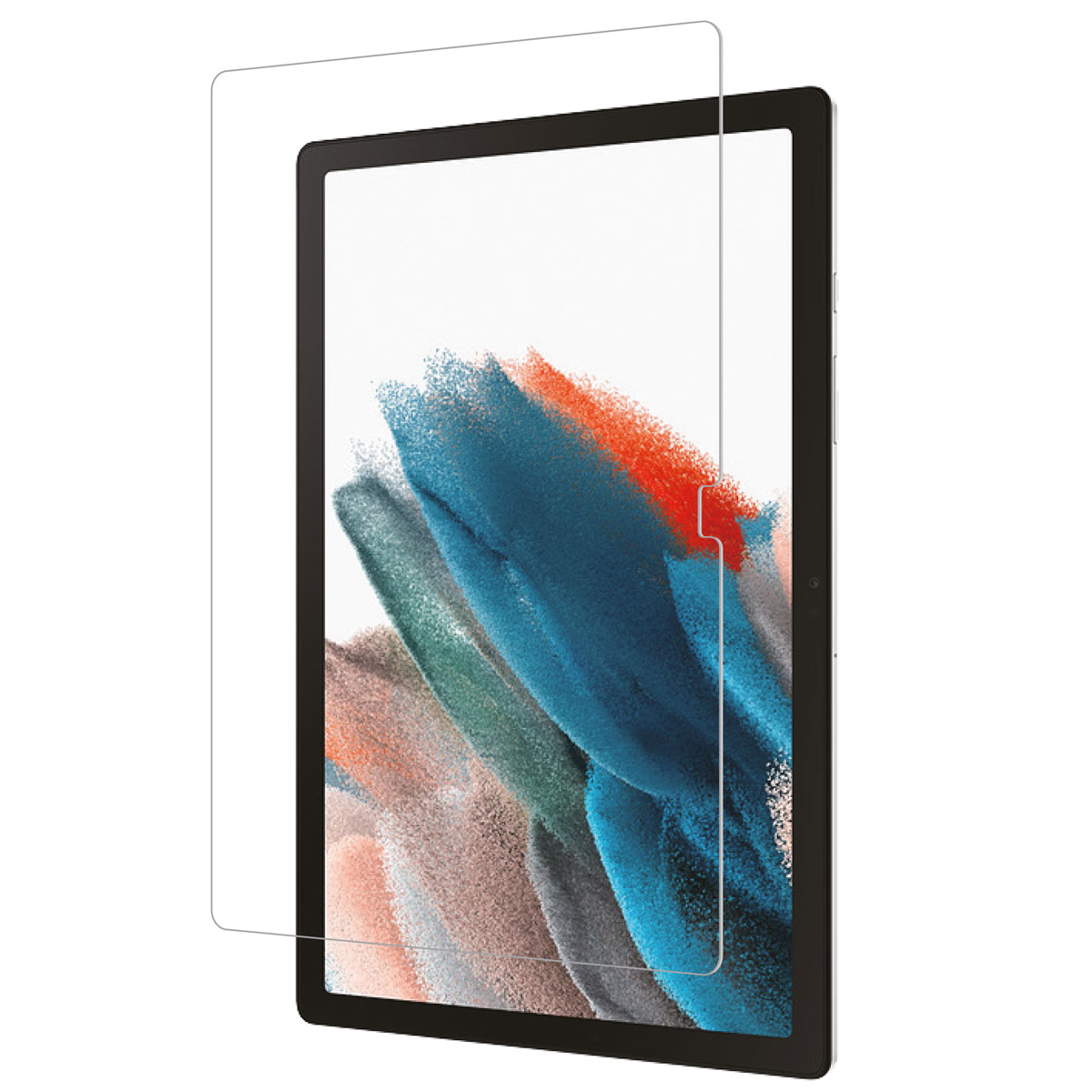 Tablet con protezione schermo applicata. Lo schermo mostra un'immagine colorata. La protezione è trasparente.