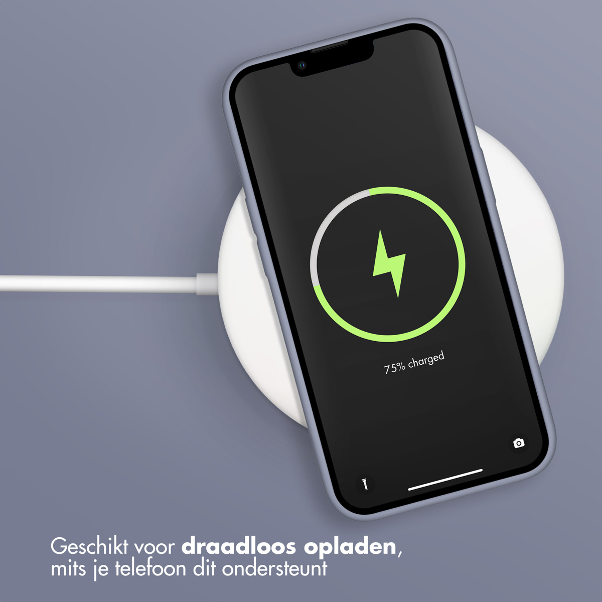 Een telefoon op een draadloze oplader die 75% laat zien.